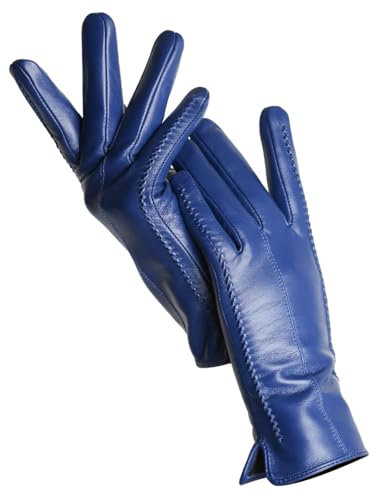 Damen Schaffell Handschuhe Winter Warm Plus Fleece Kurz Dünn Touchscreen Lederhandschuhe, Royal Blue Touch, 7.5