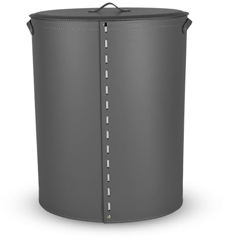 LIMAC Design RICKY Wäschesammler aus Leder mit Baumwollinnensack, Wäschekorb mit Deckel, Wäschebox modern, Laundry Baskets für Waschküche, Hergestellt in Italien. (Grau)