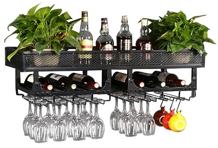 Weinregal Wand Metall Flaschenregal Schmal Wine Rack Bar Regal Wand Weinschrank Hausbar Barschrank mit Weinglashalter Weinständer Weinflaschenhalter Getränke Regal für Esszimmer Bartheke Wohnzimmer(Ne