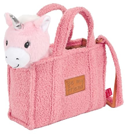 PERLETTI Bolso Niños con Peluche Extraíble - Bolsa Infantil Regalo Niña Niño 3 4 5 6 Años Suave Ligera Multicolor - Bolso de Mano con Muñeco Guardería Viaje - 27x22x9cm (Unicornio)
