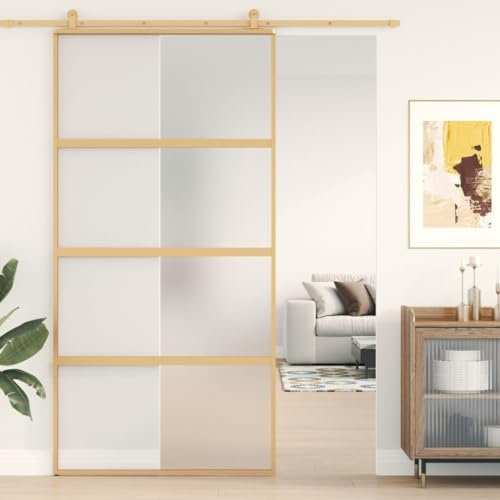 Cinyiqo Modern Gold Sliding Door, 102.5x205 cm Frosted ESG Glass and Aluminium Frame, Barn Door Panel for Office, Kitchen, Living Room, Shower Room Dividers
