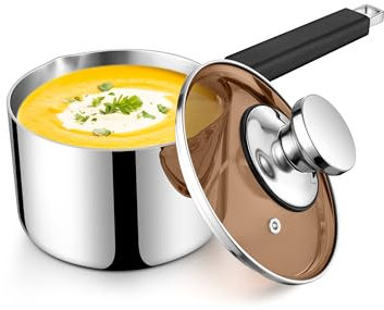 Joyfair 14cm Saucepan, 1L Tri-Ply Stainless Steel Sauce Pot with Glass Lid, Induction/Gas/Electric/Ceramic/Halogen Safe Small Milk Pan for Kitchen Cooking Stewing, Heatproof Handle & Easy Clean