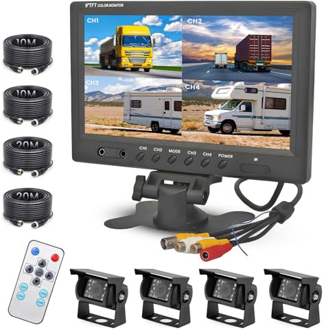 Fuluku Rückfahrkamera 4 Kameras Set mit 9 Zoll Wasserdicht Nachtsicht Monitor, 4 Kabel Kamera mit 2x10m + 2x20m Kabel für LKW/Anhänger/Bus/Van 12-24V