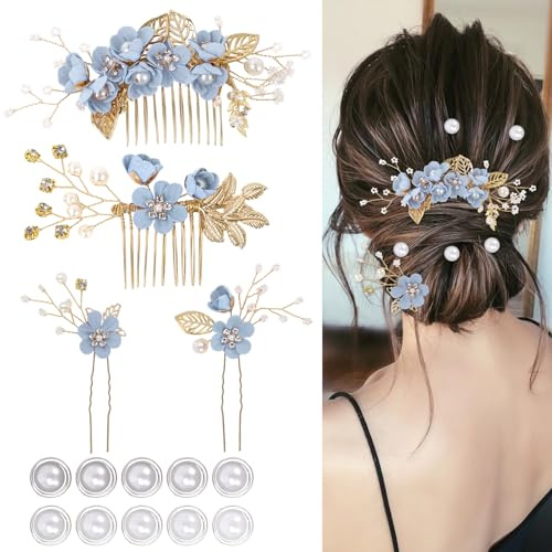 Lot de 4 accessoires pour cheveux de mariage, épingles à cheveux en forme de fleur, 10 épingles à cheveux en spirale avec perles pour mariées, demoiselles d'honneur, femmes et filles (bleu)