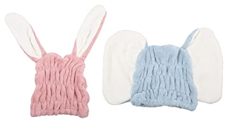 2 Stück Haartrocknungshauben aus Coral Fleece, Schnell Trocknend | Cartoon Design, Angenehm zu Tragen, für Gesichtswäsche und Reise, Blau und Rosa Je 1 Stück