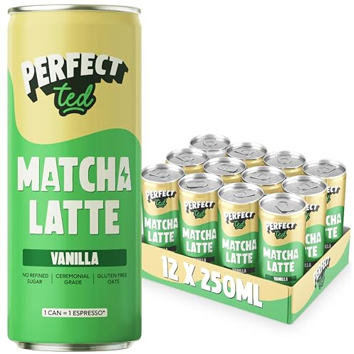 PerfectTed Vanilla Matcha Latte RTD, Ceremonial Grade Japanese, 12 x 250ml Cans, Ready-to-Drink with Gluten-Free Oats | Smooth & Creamy | Dairy-Free | Vegan