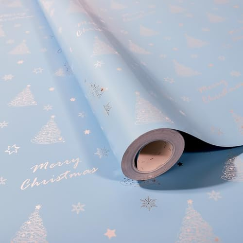 Christmas Wrapping Paper Roll,43cm x 12m Xmas Gift Wrapping Paper,Metallic Gift Wrap Paper with Snowflake Xmas Tree Pattens for Christmas,Party,Festive Decorations (blue)