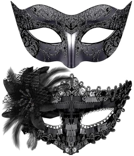 Fartoni Set Aus 2 Schwarz Venezianische Maske Damen Und Herren Maske Gesicht Verkleidung Für Elegante Partys Und Bälle