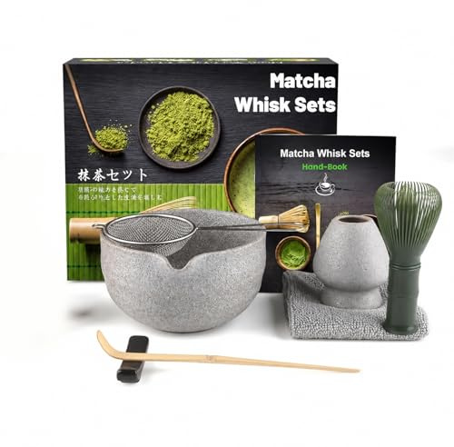 7 Piece Matcha Set, Green Resin Matcha Whisk, Matcha Tea Set with Matcha Spoon, Whisk Holder, Matcha Broom, Shovel, Strainer, Matcha Accessories Japanese Tea Ceremony, Grey-White