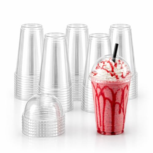 Commerline 100 stycken 300 ml smoothiemuggar inkl. kupollock med slits, smoothie plastkopp to go, drickkopp + kupollock med öppning, dessertkopp, bubbelteakopp, plastmugg