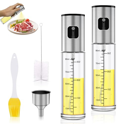 Bukuhlio Ölsprüher für Speiseöl 100 ML, 2-in-1 Sprühflasche Glas aus Edelstahl und Glas mit Skala & Trichter, Multifunktionaler Ölspray für Heißluftfritteuse, Salat, Grillen, Backen, Küchen Gadgets