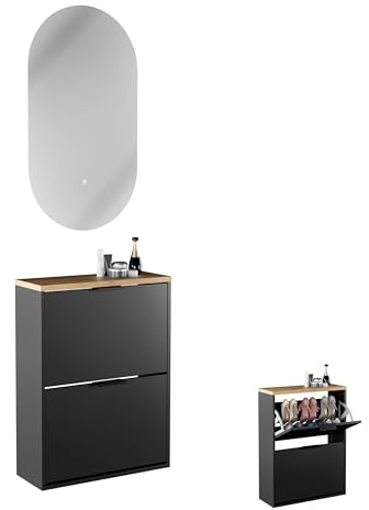Planetmöbel Schuhschrank schmal, ovaler Spiegel mit Beleuchtung | (2 Lichtstufen), Schuhkommode mit 2 Klappen Schuhregal mit 4 Ablagen, Garderobe Set, 60 x 23 x 80,5 cm, schwarz