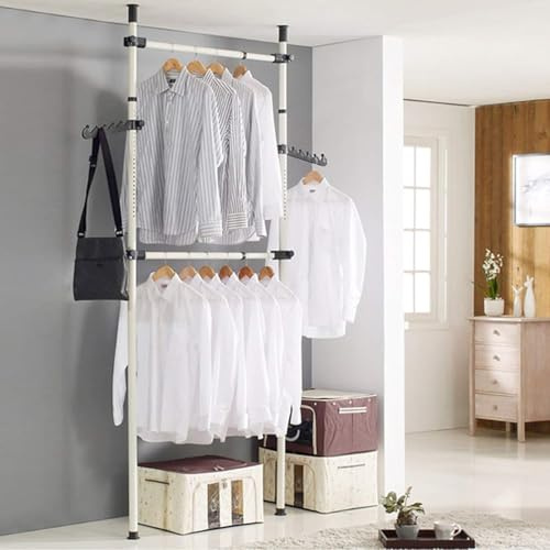 Generisch Weißes Teleskop-Kleiderständer-System (281-329cm) - Stahl/ABS Garderobe 80-139cm verstellbar - 2 Stangen + Querträger - Höhenverstellbar & Bohrfrei - Max. 60kg Belastung