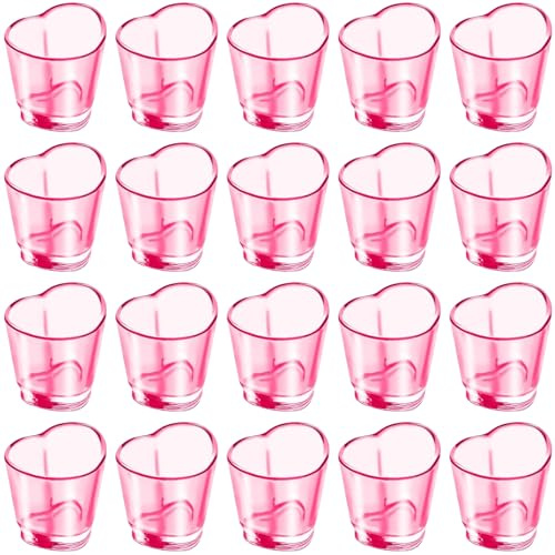 20 Pcs Pink Shot Glass Set Heart Shaped Shot Glasses Set 1.5 oz Plastic Shot Glass with Heavy Base Reusable Mini Beer Stein Tasting Glass Juice Cups for Whiskey Novelty Shot Glasses with Heavy Base