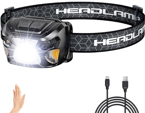 JIASESCS Lampada frontale a LED, ricaricabile, 2000 lumen, 6 modalità, lampada frontale ricaricabile, con luce rossa e sensore, IPX5, impermeabile e angolo di 45°, per campeggio, pesca, jogging, corsa