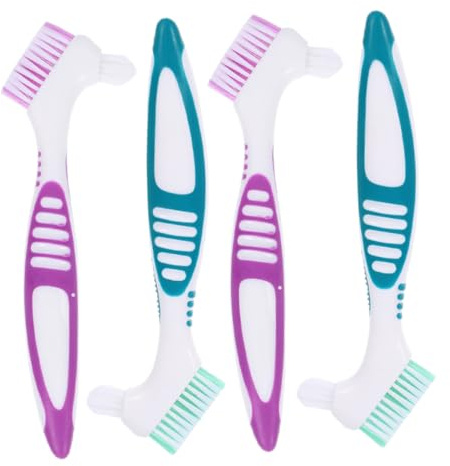 DECOMELODY 4 pièces Brosse Nettoyage Dentier Brossettes Prothèses à Poils Doux Manche Antidérapant Nettoyeur Gouttière et Retenue pour Hygiène Buccale