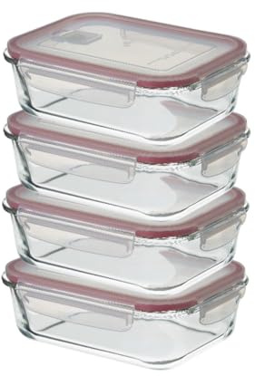 CASASELECCION 4 Tuppers de Cristal Hermético con Tapa y válvula de ventilación de 1040 ml para Comida, Recipiente de Vidrio, Uso Apto en Horno/Microondas/Lavavajillas/Congelador, Sin BPA