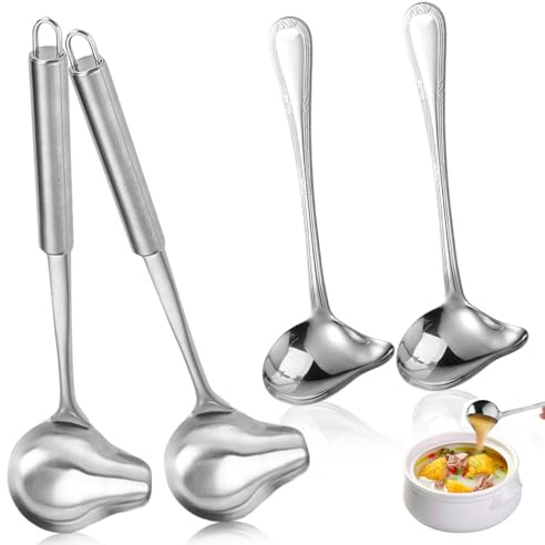 Lot de 4 cuillères à sauce en acier inoxydable - 20 cm - 30 cm - Petite louche à sauce avec bec verseur - Cuillère à sauce - Cuillère à purée pour sauces creuses, sauces, vinaigrettes