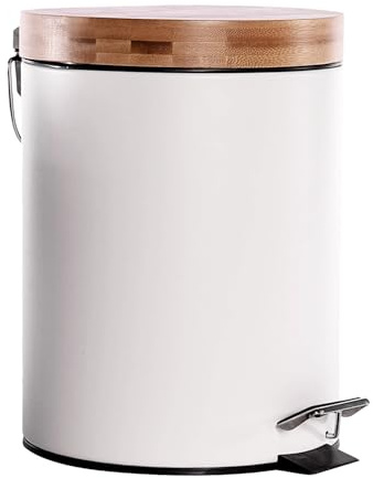 White 5L Metal Bathroom Bin with Bamboo Lid, Soft Close Pedal Bin | Removable Inner Bucket for Easy Clean, En-Suites and Bathrooms Trash Can - Compact Design Waste Paper Basket