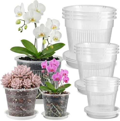 Gykutix Lot de 9 Pot Transparent Orchidée, Pot pour Orchidées Respirant, Transparent Plante avec Trous de Drainage et Soucoupes pour Culture d'Orchidées en Intérieur et Extérieur (11/14/16cm)