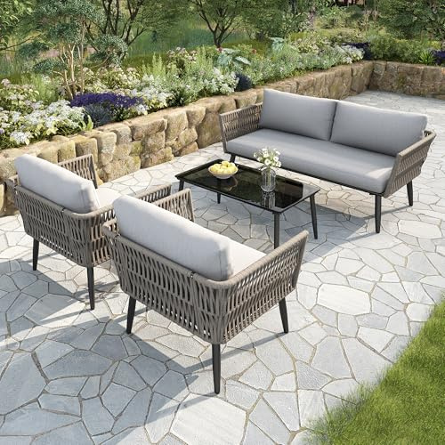 Xwiny Gartenlounge Set, Balkonmöbel Set aus Rattan, 4-Teiliges, 1Doppelsofa, 2 Sessel, 1 Tische, Verzinkter Stahl, Verstellbaren Füßen, Glastischplatte, Alle Kissen Inklusive