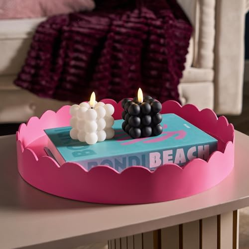 OHS Round Decorative Tray, Scallop Serving Tray Candle Holder Bathroom Vanity Trays for Dresser Bedroom Kitchen Countertop Coffee Table Tray Plastic Organiser Accessory Trays, Hot Pink