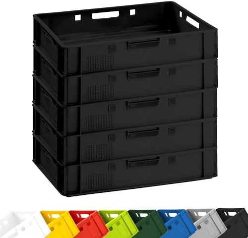 BURI 5 x slaktarbåda E1 förvaringslåda 60 x 40 x 12,5 cm | köttlåda platt | extremt mångsidig stapellåda | livsmedelssäker, robust, stapelbar (svart)
