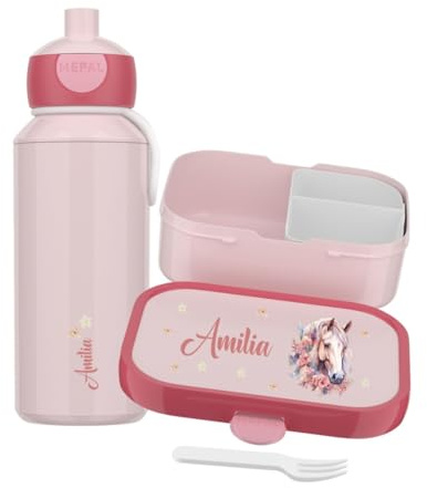 Mepal Juego de fiambrera y botella personalizada, fiambrera infantil con compartimentos, fiambrera y botella de agua con nombre, caja de bento a prueba de fugas, juego con estampado de caballo