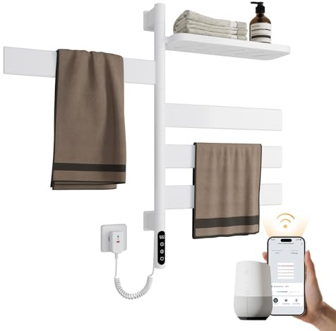 EMKE Handtuchheizkörper Elektrisch 120W, 180° Drehung Badheizkörper Elektrisch mit Lagerregal, Wifi Smart Elektrischer Handtuchtrockner, Handtuchwärmer Handtuchhalter Elektrisch Weiß