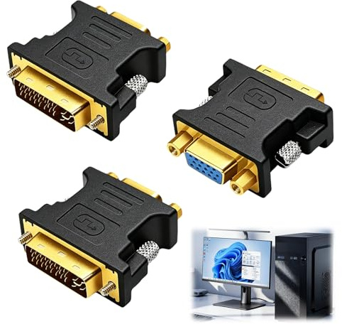 Dawfund 3PCS Adaptateur DVI vers VGA DVI-I 24+5 mâle, Convertisseur vidéo Actif pour Port d’Affichage analogique mâle, Adaptateur pour connecteur d’écran numérique 24+5 Femelle vers VGA