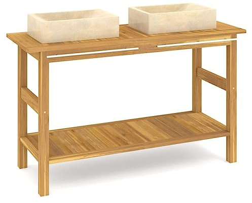 Tmriohed Doppelwaschtisch Set aus Massivem Teakholz mit 2 Creme Marmor Waschbecken, Badmöbel Unterschrank 132x45x75 cm, Rustikaler Badezimmerschrank mit Handtuchstange