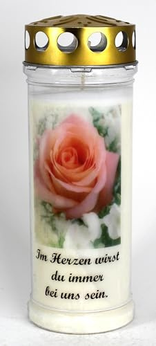 Grablicht-Kerze 20/7 cm - Rose A - 3751 - Im Herzen ... - 7 Tage Brenndauer – (Ewiglicht-Ölkerze)-Grabkerze mit Motiv und Spruch - Trauerkerze mit Foto und Spruch