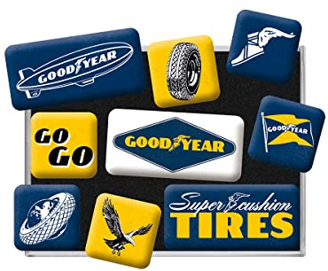 Nostalgic-Art Retro Kühlschrank-Magnete, 9 Stück, Goodyear – Logos | Original Lizenzprodukt (OLP), Magnetset für Magnettafel, Vintage Design, Reifen-Deko, Geschenk-Idee für Motor-Fans