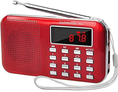 Retekess PR11 Mini Radio Portatile, Radio FM AM, con Altoparlanti, Display LCD, Batteria Ricaricabile, Radiolina Tascabile Supporta unità USB, Scheda TF, AUX (Rosso)
