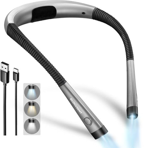 Glocusent Leselampe Hals, Leselampe Bett mit 3 Farben & 6 Helligkeitsstufen, Buchlampe Wiederaufladbar 80 Stunden Dauer, Biegbare Arme, Leselicht Halslampe für Lesen Stricken Häkeln Nähen Reparieren