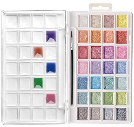 Artecho Watercolor Semi Moise Paint Set, 28 Metallic Colors Watercolor Cake Set with Classic Paint Brush, Pearlescent watercolor Idea for Kids and Adults