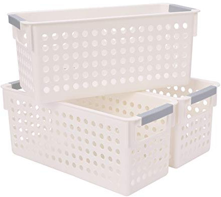 JAKAGO Small Plastic Storage Baskets Kitchen Cupboards Organiser Storage Baskets for Shelves -Set of 3 (White,S)