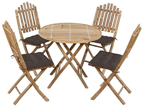 vidaXL Gartenmöbel 5-TLG. mit Kissen Klappbar Gartengarnitur Sitzgarnitur Sitzgruppe Gartenset Gartentisch Esstisch Tisch Stühle Bambus