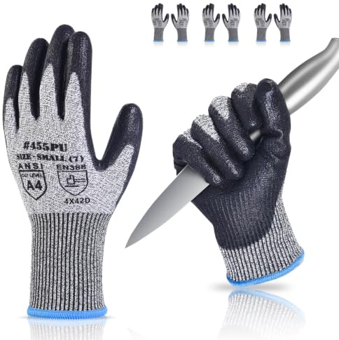 Donfri 3 Pairs Cut Resistant Work Gloves Level 5 Touchscreen PU Size S | EN388 4X42D High Protection, Cut Proof, Reinforced Thumb Crotch, Non-Slip, Precision Assembly, DIY, General Maintenance