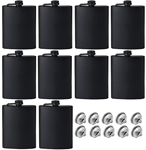10 x Flachmann für Likör für Herren, mattschwarzer Edelstahl, auslaufsicher und Trichter, mit nie verlierender Metallkappe, Trinkflaschen für Hochzeit, Party, Geschenk, Outdoor-Aktivitäten (237 ml)