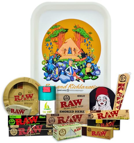 Rolling Tray Rick and Morty original 27.5 x 17.5 cm + Airtight Tin + RAW ashtray + Raw papers KingSize Organic, Black, Classic, 5 meters + Tips + Raw Cones Kingsize + Stickers – Gift for smokers
