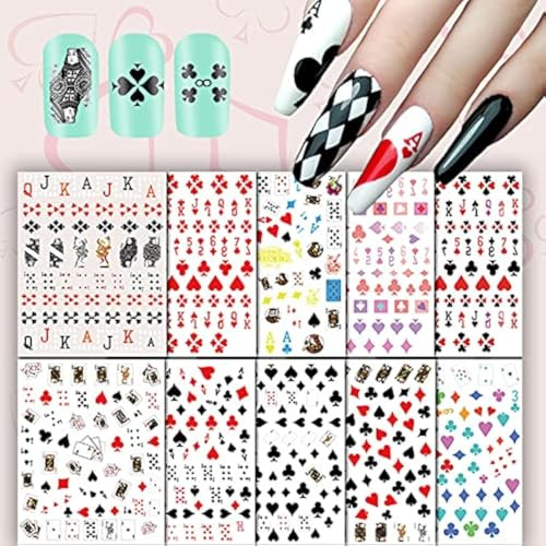 Penubuy 10 Blatt Selbstklebende Poker Nagelsticker, Spielkartenmuster Nagelaufkleber zur Nageldekoration, Geometrische Zahlen Buchstaben Stil Maniküre Dekorationen Aufkleber für Frauen/Mädchen