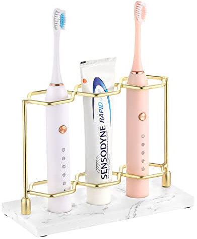 Emibele Zahnbürstenhalter, 3 Fächer Harz Elektrischer Zahnbürstenhalter für Zahnpasta Rasierapparat, Organizer Halter für Waschbecken Toilettentisch Kommode Schminktisch - Gold/Marmor Weiß