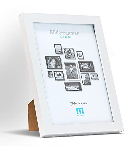 Zeitlos, moderner Bilderrahmen aus MDF, weiß für 13x18cm kleine Fotos und Bilder. Inkl. Acrylglasschutz. Er eignet sich als Tisch-Aufsteller und für die Wand, im Hochformat oder Querformat.