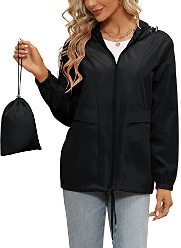 Tisfeer Trench Coats for Women Waterproof Lightweight Rain Coats Active Travel Hiking Summer Jackets(Black,XXL)