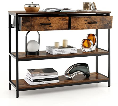 GOPLUS Table Console Industrielle avec 2 Tiroirs Amovibles et Pliables, Cadre Métallique, Anti-Basculement, Table d'Entrée à 3 Niveaux pour Salon, Couloir, Chambre,100X30X80 CM, Marron Rustique