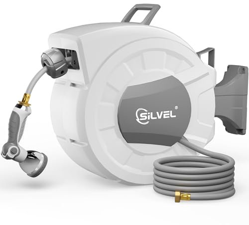 SILVEL Avvolgitubo retrattile da giardino – Avvolgitubo da parete da 300 m, con ugello a 9 modelli, blocco di qualsiasi lunghezza, sistema di ritorno lento, staffa girevole a 180 ° (grigio)