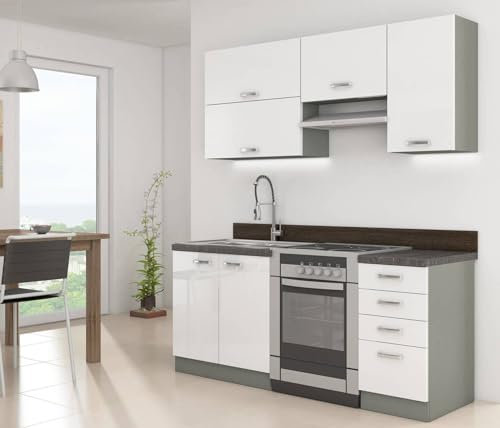 Küchenzeile Bianka 180 cm Küchenblock 5-teilig Hochglanz Weiß Unterschrank Hängeschrank Küchenmöbel Küche Küchenmodule Einbauküche Küchenunterschrank Wandschrank Stauraum mit 28mm Arbeitsplatte
