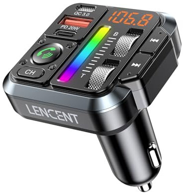 LENCENT Bluetooth 5.3 Car FM Transmitter, Adjustable Treble & Bass Sound Music Player Receiver, Wireless Radio Adapter with PD 20W & QC 3.0 Fast Charger, Hands-Free Calling, Siri Google Assistant