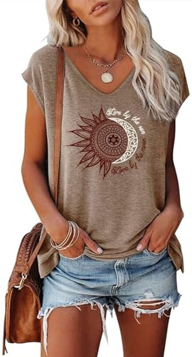 Teesho Damen T-Shirt Sommer Elegant Oberteile Kurzarm Crop Tops Oversize Shirts Tunika Sommer Tank Tops Sporttop (braun/L)